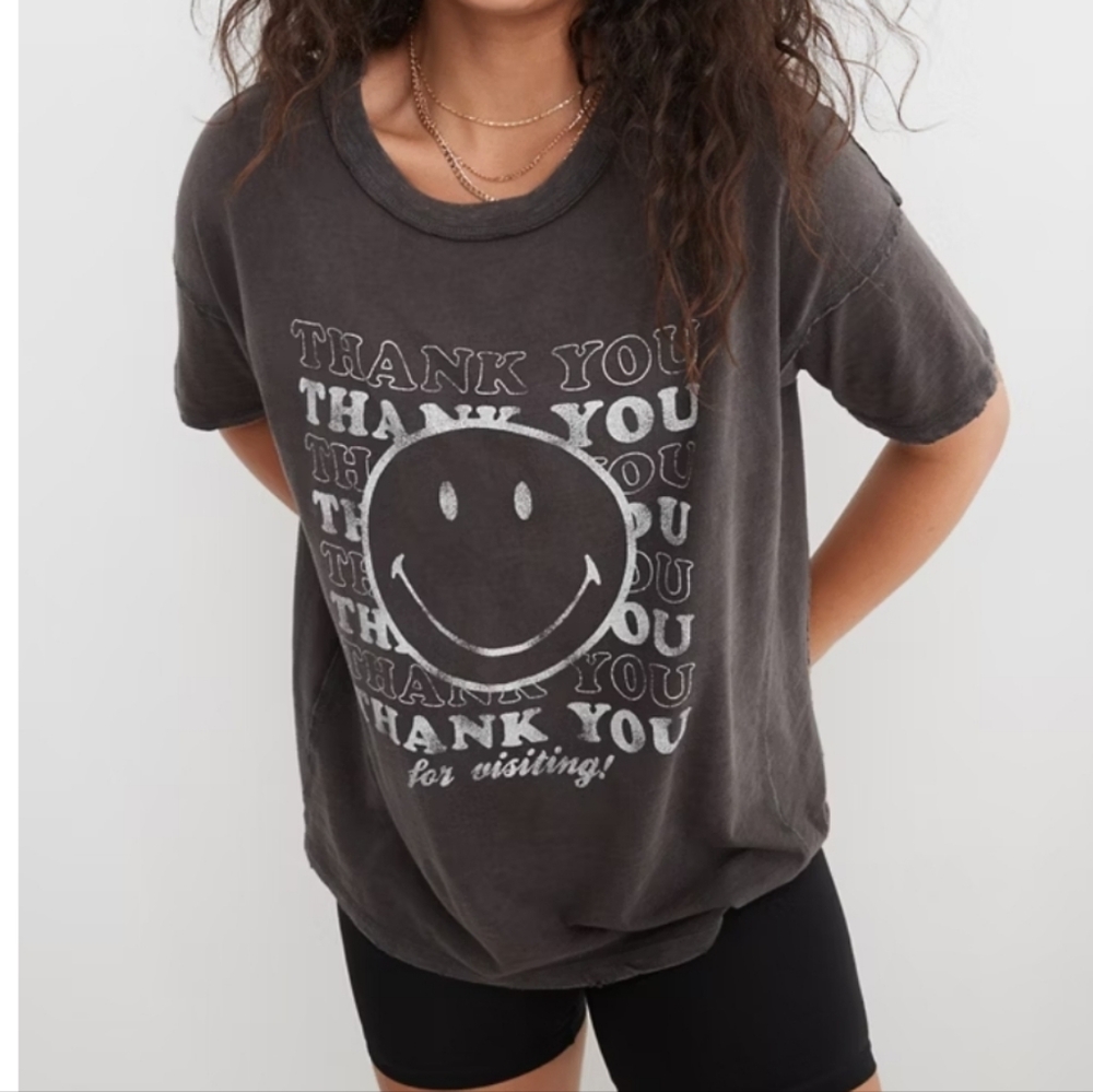Aerie Oversized Smiley Graphic Boyfriend T-Shirt, XXS